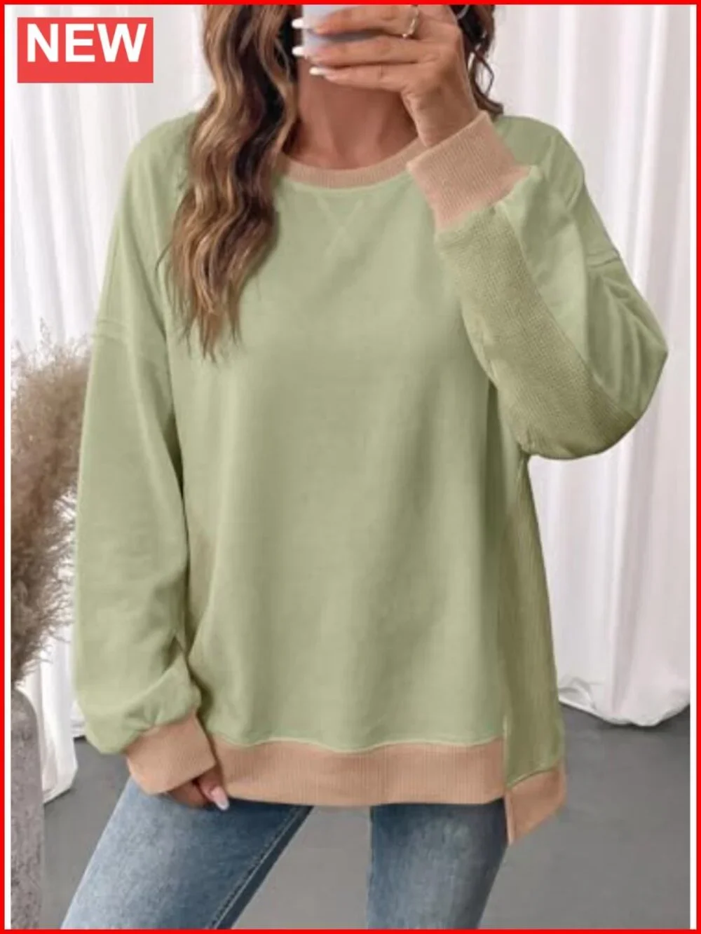 Crew Neck Waffle Knit Color Block Oversized Long Sleeve Sweatshirt